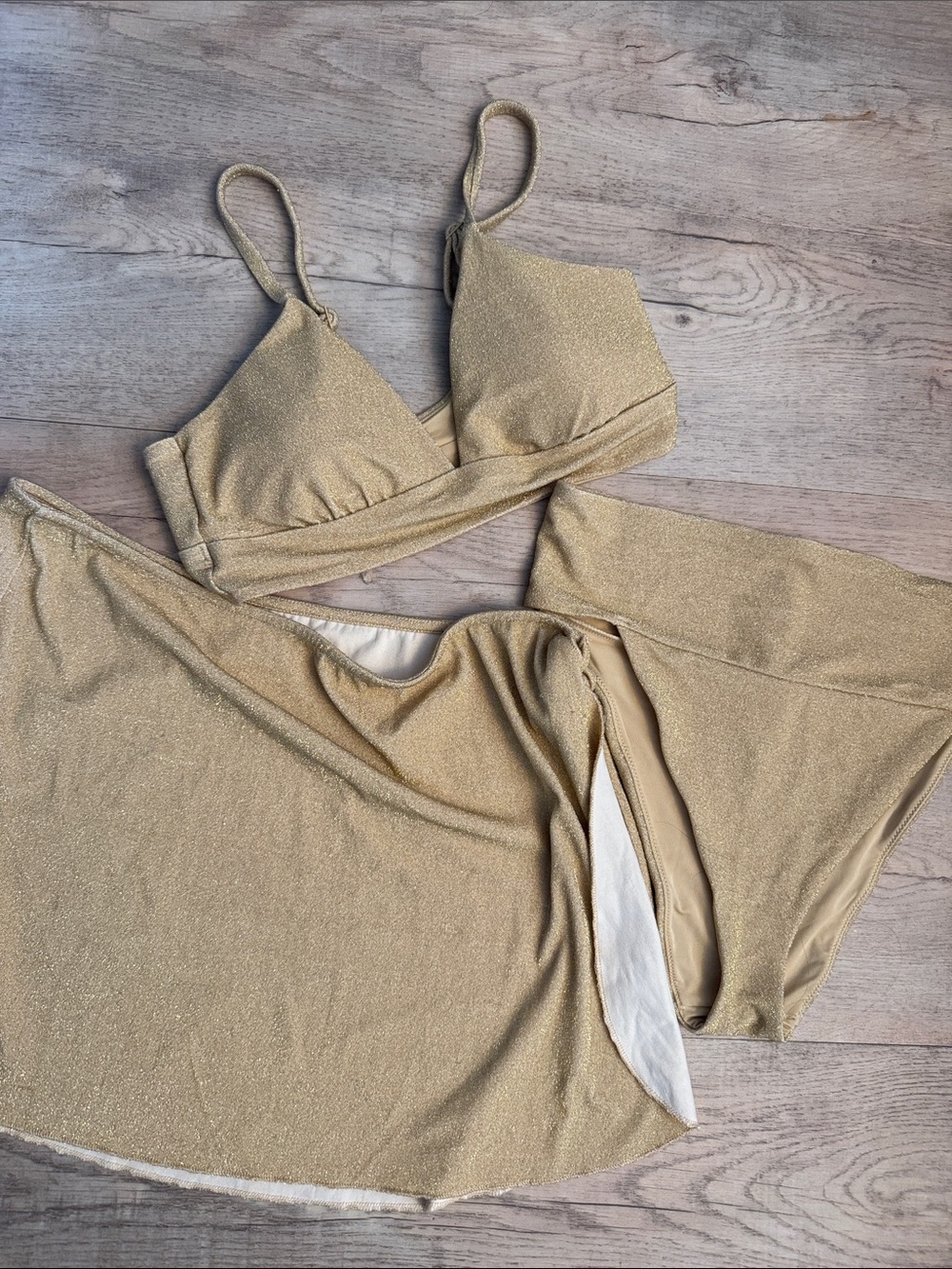 Aerie 3-piece Shimmery Gold Bathing Suit Set size L/XL